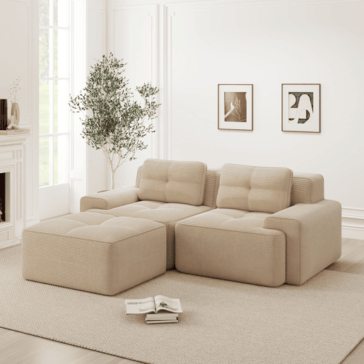 Sofá modular L 2 lugares - Veludo cotelê, assento profundo, com otomano, confortável - Bege