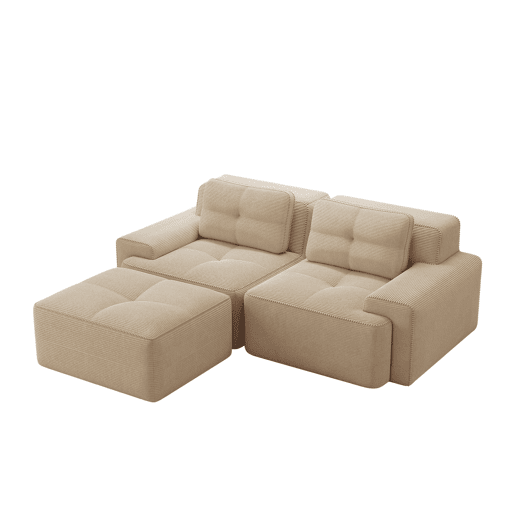 Sofá modular L 2 lugares - Veludo cotelê, assento profundo, com otomano, confortável - Bege