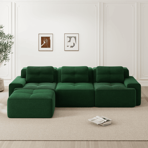 Sofá modular L 3 lugares - Cloud, com otomano e estofamento em veludo cotelê, montagem livre - Verde
