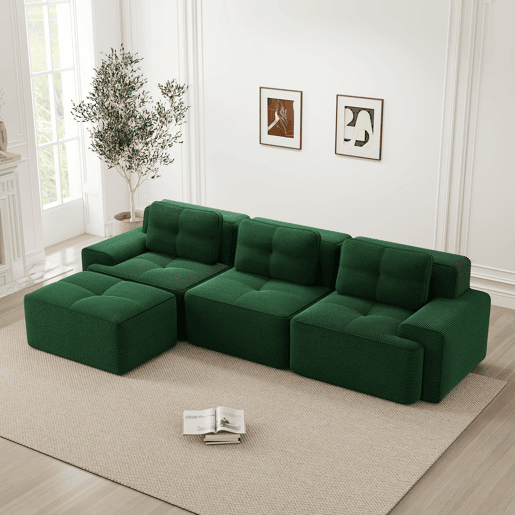 Sofá modular L 3 lugares - Cloud, com otomano e estofamento em veludo cotelê, montagem livre - Verde