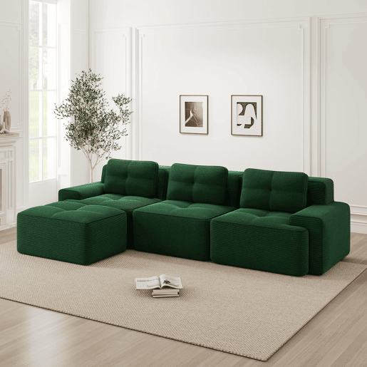 Sofá modular L 3 lugares - Cloud, com otomano e estofamento em veludo cotelê, montagem livre - Verde