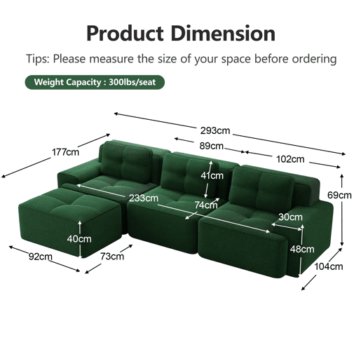Sofá modular L 3 lugares - Cloud, com otomano e estofamento em veludo cotelê, montagem livre - Verde