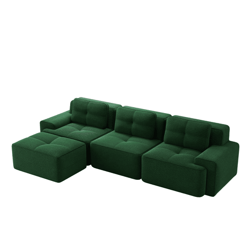 Sofá modular L 3 lugares - Cloud, com otomano e estofamento em veludo cotelê, montagem livre - Verde