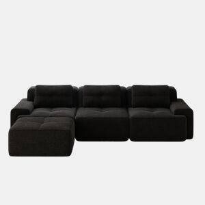 Sofá modular em L de 3 lugares - com otomano, estofado em veludo cotelê - preto