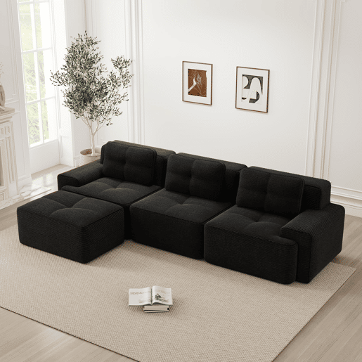 Sofá modular em L de 3 lugares - com otomano, estofado em veludo cotelê - preto
