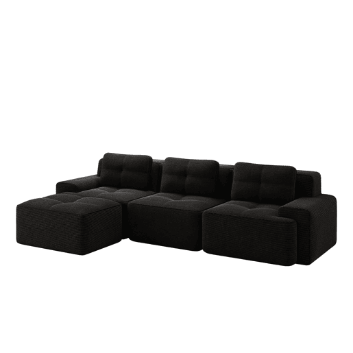 Sofá modular em L de 3 lugares - com otomano, estofado em veludo cotelê - preto