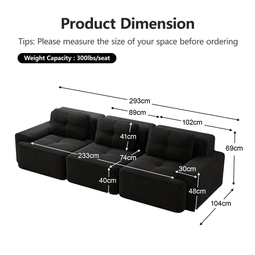 Sofá modular de 3 lugares - Cloud confortável, modular, chaise longue, estofado em veludo cotelê - Preto