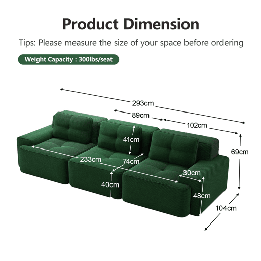 Sofá modular de 3 lugares - Cloud, profundo e confortável, sem montagem - Verde Sofá modular de 3 lugares - Cloud, profundo e confortável, sem montagem - Verde