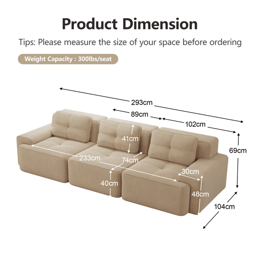 Sofá modular de 3 lugares - Modulares Cloud-Sofa de veludo cotelê, confortável e sem montagem - Bege