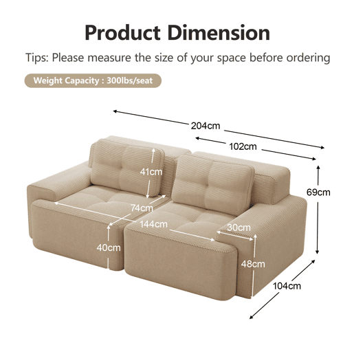 Sofá modular Boneless de 2 lugares - confortável, moderno, tipo nuvem, sofá-cama - bege