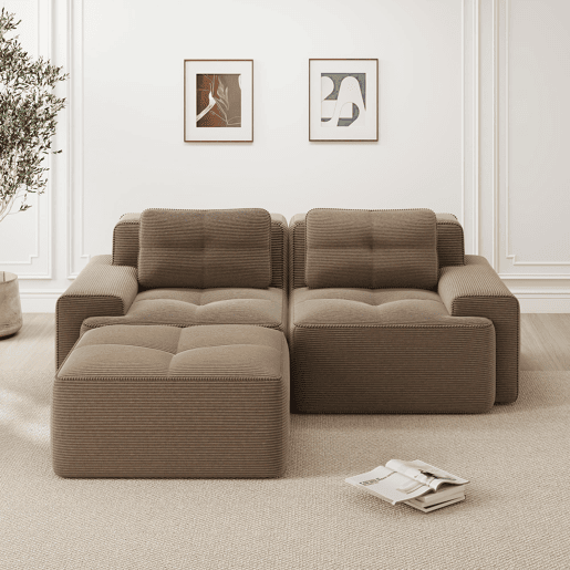 Sofá modular Boneless de 2 lugares - em forma de L, profundo, confortável, com otomano e estofado em veludo cotelê - castanho