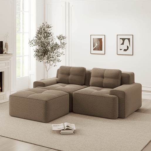 Sofá modular Boneless de 2 lugares - em forma de L, profundo, confortável, com otomano e estofado em veludo cotelê - castanho