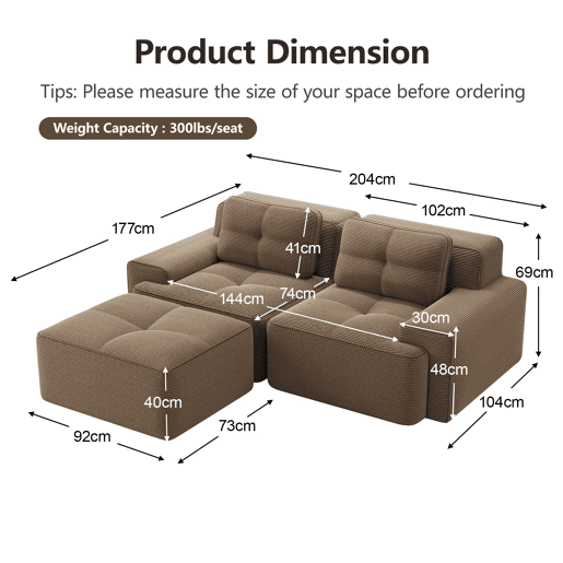Sofá modular Boneless de 2 lugares - em forma de L, profundo, confortável, com otomano e estofado em veludo cotelê - castanho
