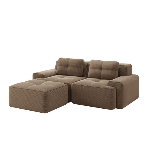 Sofá modular Boneless de 2 lugares - em forma de L, profundo, confortável, com otomano e estofado em veludo cotelê - castanho