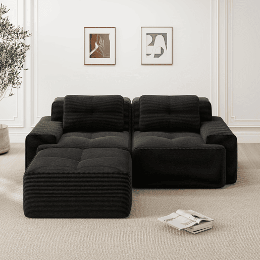 Sofá modular L 2 lugares - Assento profundo, Veludo cotelê, com otomano, sofá-cama - Preto