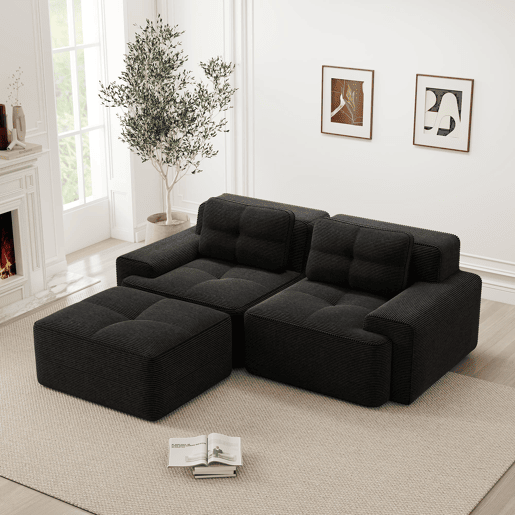 Sofá modular L 2 lugares - Assento profundo, Veludo cotelê, com otomano, sofá-cama - Preto