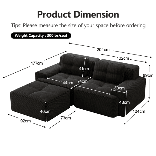 Sofá modular L 2 lugares - Assento profundo, Veludo cotelê, com otomano, sofá-cama - Preto