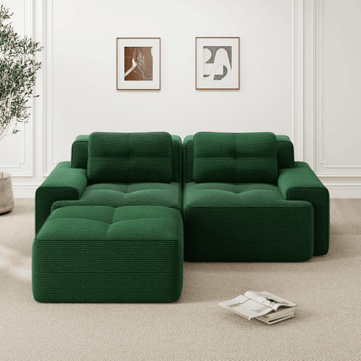Sofá modular Boneless de 2 lugares - em forma de L, assento profundo, confortável, com otomano - Verde