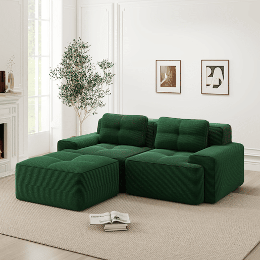 Sofá modular Boneless de 2 lugares - em forma de L, assento profundo, confortável, com otomano - Verde