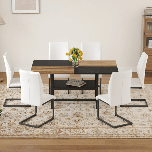 Conjunto de mesa e cadeiras 160x90x76 cm - Mesa retangular com prateleira multifuncional e 6 cadeiras de couro branco - Branco, Madeira Conjunto de mesa e cadeiras 160x90x76 cm - Mesa retangular com prateleira multifuncional e 6 cadeiras de couro branco - Branco, Madeira