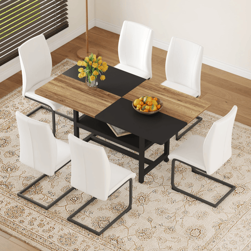 Conjunto de mesa e cadeiras 160x90x76 cm - Mesa retangular com prateleira multifuncional e 6 cadeiras de couro branco - Branco, Madeira Conjunto de mesa e cadeiras 160x90x76 cm - Mesa retangular com prateleira multifuncional e 6 cadeiras de couro branco - Branco, Madeira