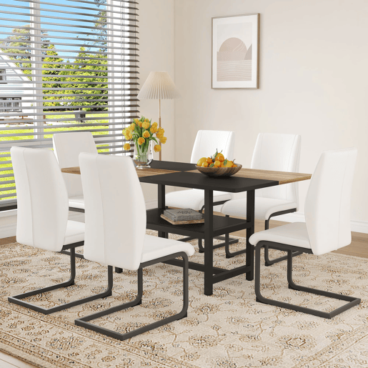 Conjunto de mesa e cadeiras 160x90x76 cm - Mesa retangular com prateleira multifuncional e 6 cadeiras de couro branco - Branco, Madeira Conjunto de mesa e cadeiras 160x90x76 cm - Mesa retangular com prateleira multifuncional e 6 cadeiras de couro branco - Branco, Madeira