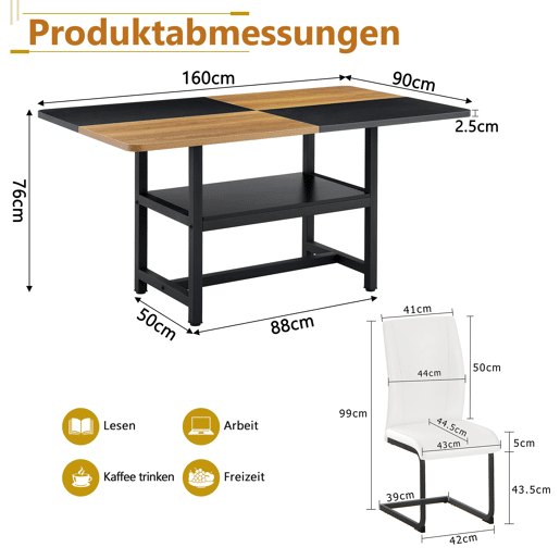 Conjunto de mesa e cadeiras 160x90x76 cm - Mesa retangular com prateleira multifuncional e 6 cadeiras de couro branco - Branco, Madeira Conjunto de mesa e cadeiras 160x90x76 cm - Mesa retangular com prateleira multifuncional e 6 cadeiras de couro branco - Branco, Madeira