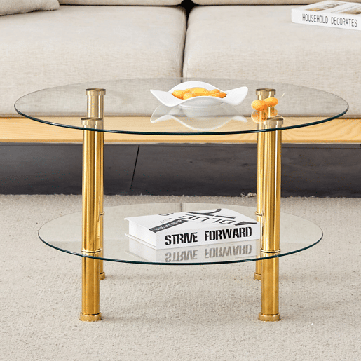 Mesa de centro com 2 níveis - Design luxuoso, estável e espaçoso - Dourado e transparente