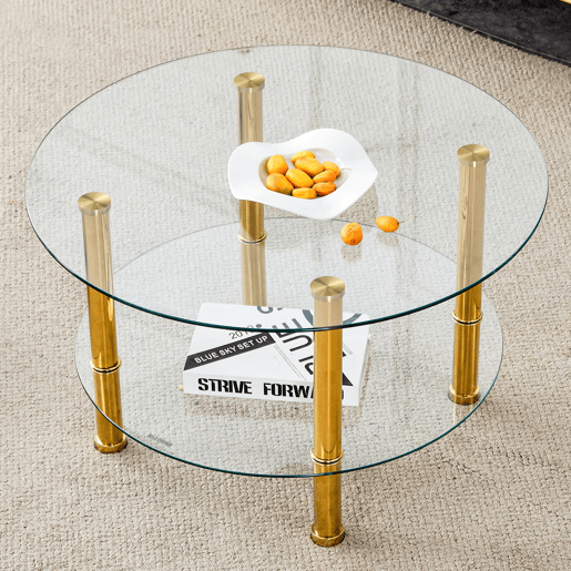 Mesa de centro com 2 níveis - Design luxuoso, estável e espaçoso - Dourado e transparente