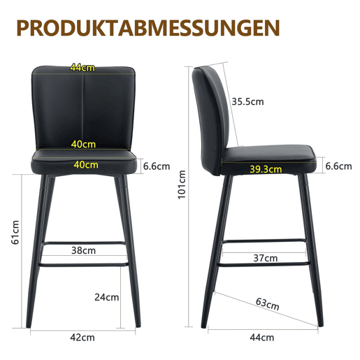 Bancos de bar 101 cm - PU ergonómicos com encosto - preto