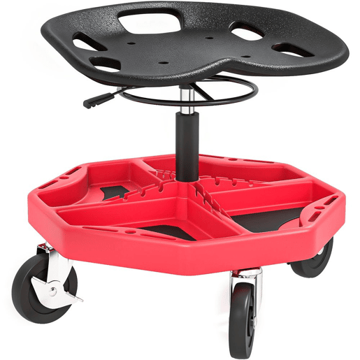 HOMCOM Banco de Oficina Móvel com Bandeja Magnética Altura Ajustável de 52u201359,5 cm Carga 135 kg Banco para Mecânico com Rodas para Garagem Reparação de Automóveis Vermelho