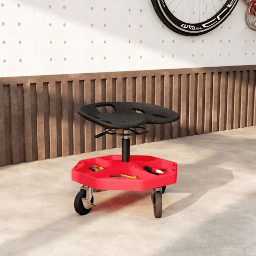 HOMCOM Banco de Oficina Móvel com Bandeja Magnética Altura Ajustável de 52u201359,5 cm Carga 135 kg Banco para Mecânico com Rodas para Garagem Reparação de Automóveis Vermelho