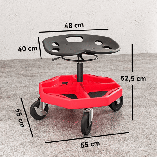 HOMCOM Banco de Oficina Móvel com Bandeja Magnética Altura Ajustável de 52u201359,5 cm Carga 135 kg Banco para Mecânico com Rodas para Garagem Reparação de Automóveis Vermelho