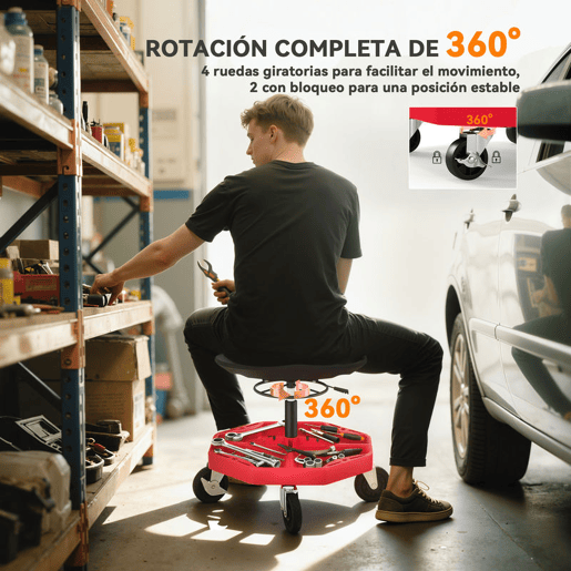 HOMCOM Banco de Oficina Móvel com Bandeja Magnética Altura Ajustável de 52u201359,5 cm Carga 135 kg Banco para Mecânico com Rodas para Garagem Reparação de Automóveis Vermelho