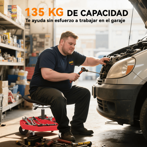 HOMCOM Banco de Oficina Móvel com Bandeja Magnética Altura Ajustável de 52u201359,5 cm Carga 135 kg Banco para Mecânico com Rodas para Garagem Reparação de Automóveis Vermelho
