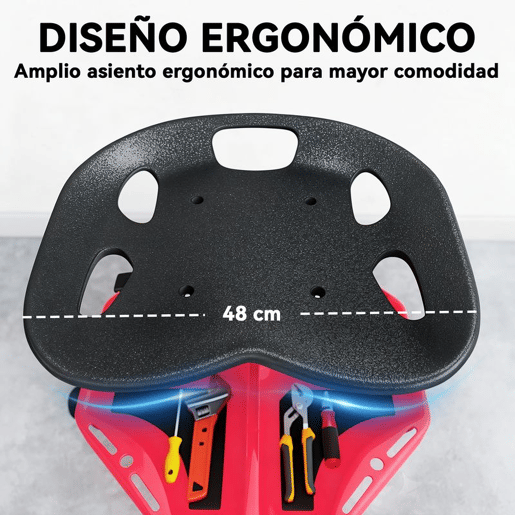 HOMCOM Banco de Oficina Móvel com Bandeja Magnética Altura Ajustável de 52u201359,5 cm Carga 135 kg Banco para Mecânico com Rodas para Garagem Reparação de Automóveis Vermelho