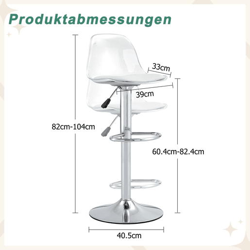 Bancos de bar 2 unidades - Altura ajustável 82-104 cm, encosto transparente, rotação 360° - BrancoPrateado