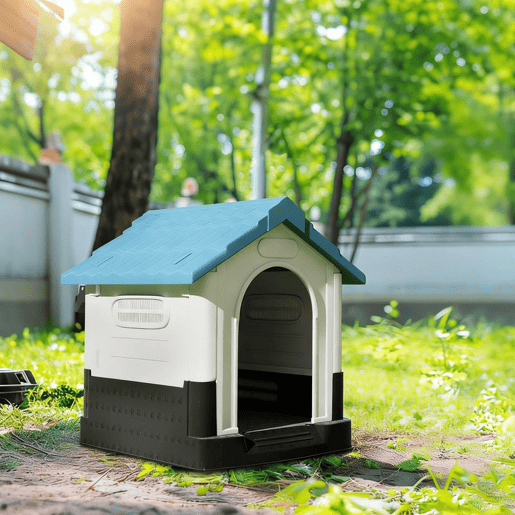 PawHut Casota para Cães Mini de Exterior Casa de Plástico com 3 Janelas Base Elevada Telhado Imitando Telhas 64,5x57x66 cm Azul