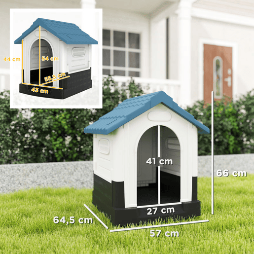 PawHut Casota para Cães Mini de Exterior Casa de Plástico com 3 Janelas Base Elevada Telhado Imitando Telhas 64,5x57x66 cm Azul