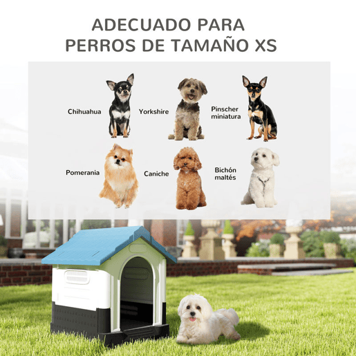 PawHut Casota para Cães Mini de Exterior Casa de Plástico com 3 Janelas Base Elevada Telhado Imitando Telhas 64,5x57x66 cm Azul