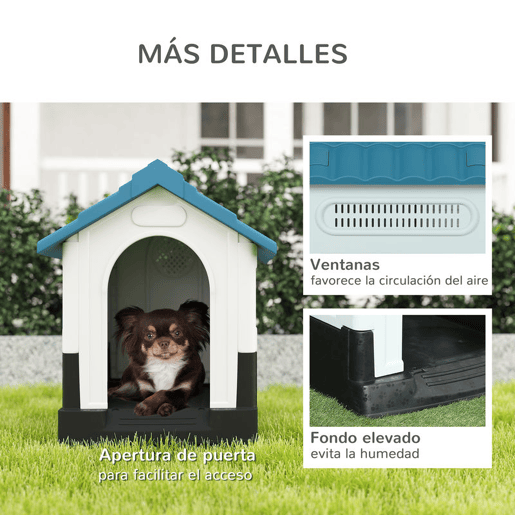 PawHut Casota para Cães Mini de Exterior Casa de Plástico com 3 Janelas Base Elevada Telhado Imitando Telhas 64,5x57x66 cm Azul