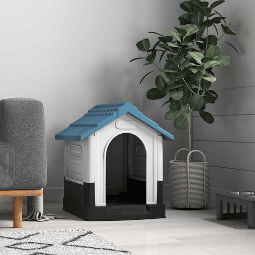 PawHut Casota para Cães Mini de Exterior Casa de Plástico com 3 Janelas Base Elevada Telhado Imitando Telhas 64,5x57x66 cm Azul