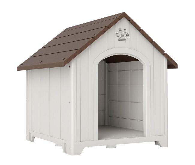 Pawhut caseta para perros exterior, casa para perros grandes de plástico impermeable con 2 ventanas, base elevada, estacas, fácil de montar, 88x79x89 cm, marrón oscuro