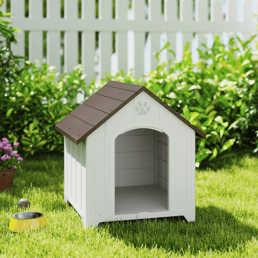 PawHut Casota para Cães de Exterior Casa para Cães Grandes de Plástico Impermeável com 2 Janelas Base Elevada Estacas Fácil de Montar 88x79x89 cm Castanho Escuro
