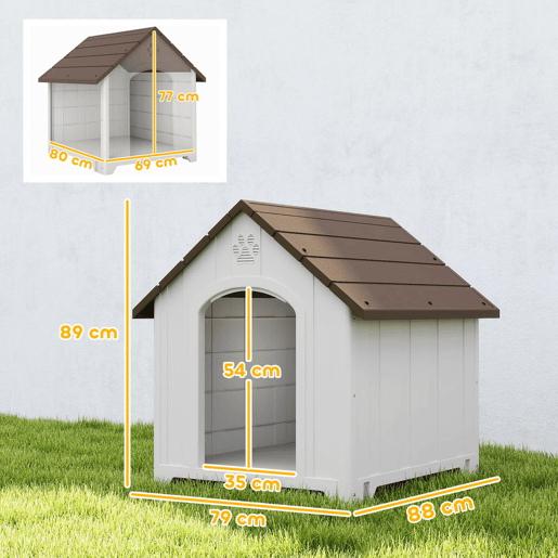 PawHut Casota para Cães de Exterior Casa para Cães Grandes de Plástico Impermeável com 2 Janelas Base Elevada Estacas Fácil de Montar 88x79x89 cm Castanho Escuro