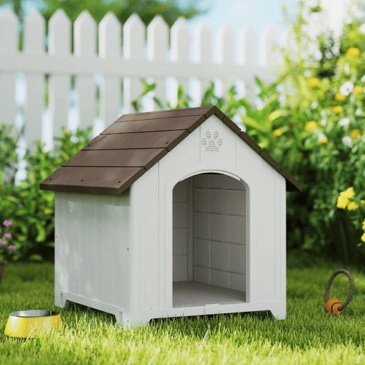 PawHut Casota para Cães de Exterior Casa para Cães Grandes de Plástico Impermeável com 2 Janelas Base Elevada Estacas Fácil de Montar 88x79x89 cm Castanho Escuro