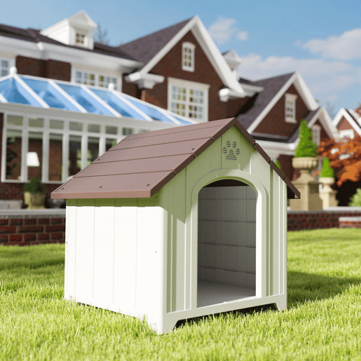 PawHut Casota para Cães de Exterior Casa para Cães Grandes de Plástico Impermeável com 2 Janelas Base Elevada Estacas Fácil de Montar 88x79x89 cm Castanho Escuro
