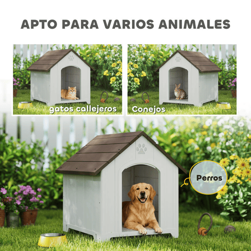 PawHut Casota para Cães de Exterior Casa para Cães Grandes de Plástico Impermeável com 2 Janelas Base Elevada Estacas Fácil de Montar 88x79x89 cm Castanho Escuro