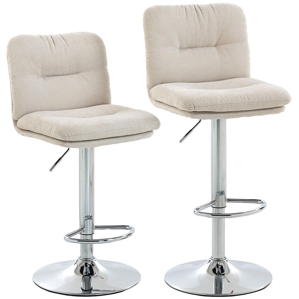 Homcom juego de 2 taburetes de bar giratorios, taburetes altos de cocina tapizados de lino con altura ajustable 64-86 cm, respaldo, reposapiés, asiento acolchado y base de acero, beige