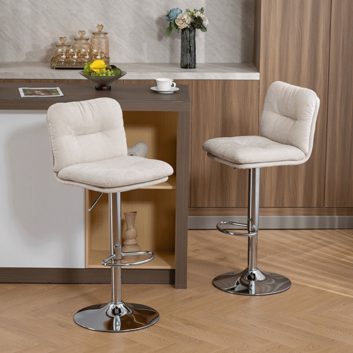 HOMCOM Conjunto de 2 Bancos de Bar Giratórios Bancos Altos de Cozinha Estofados em Linho com Altura Ajustável 64-86 cm Encosto Apoio para Pés Assento Almofadado e Base de Aço Bege